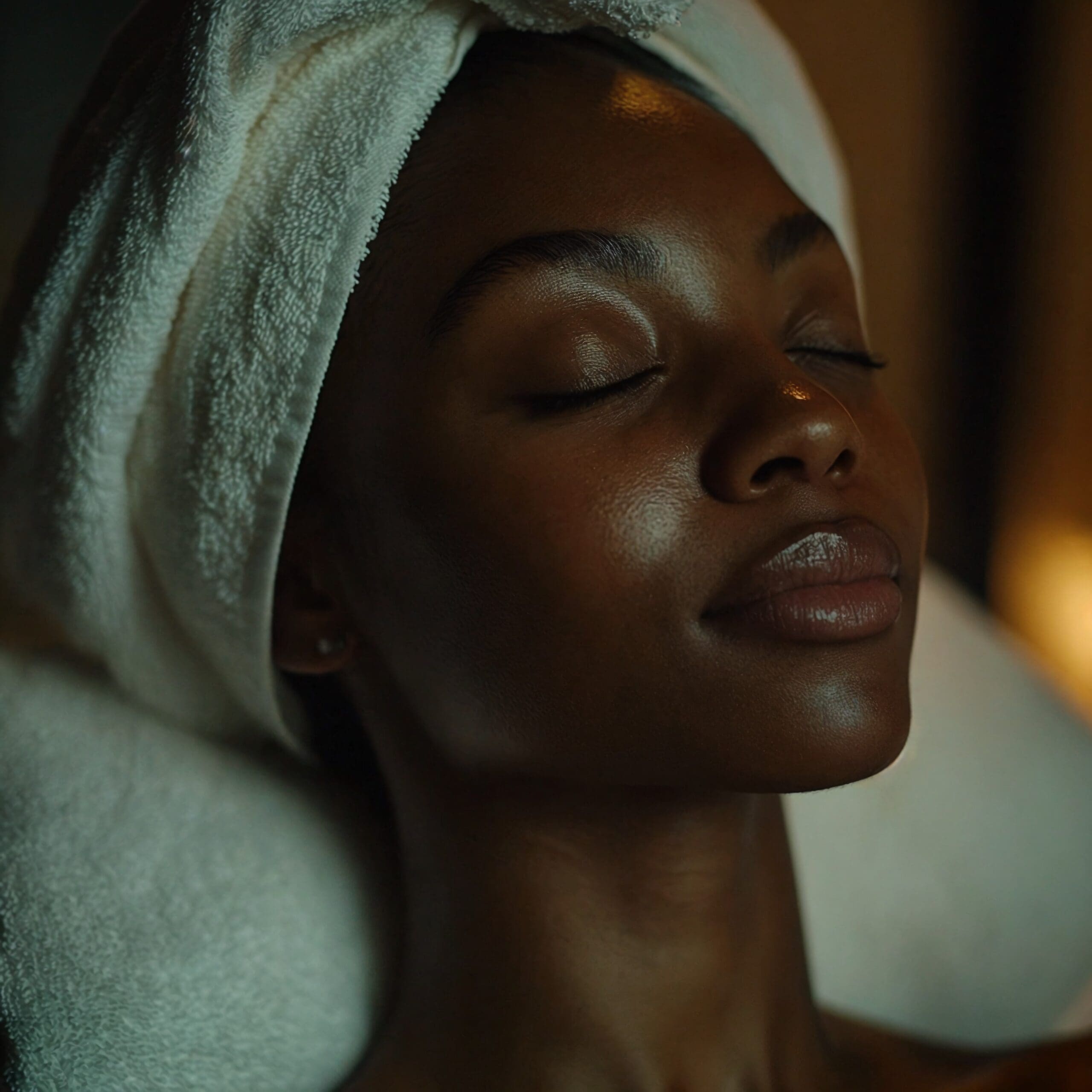 Close-up of a woman with a white towel wrap and glowing skin resting with eyes closed in a warmly lit luxury spa, embodying deep self-care, restorative wellness, and reclaiming rest as a practice